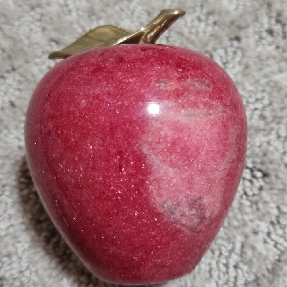 Red Marble Apple Paperweight Sculpture with Golden Brass Leaf